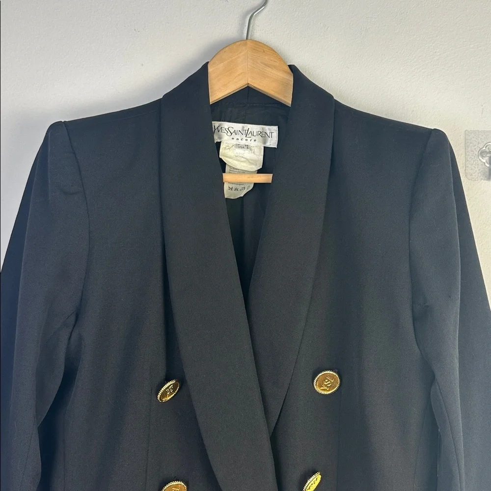 Vintage 80’s Yves Saint Laurent Black Wool Blazer Gold YSL Buttons Size 6 France - Picture 2 of 16
